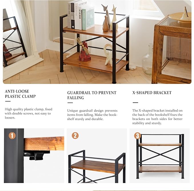 Crofy Rustic Bookshelf, 2 Tier Real Wood Bookshelf, Metal Book Shelf - Image 5