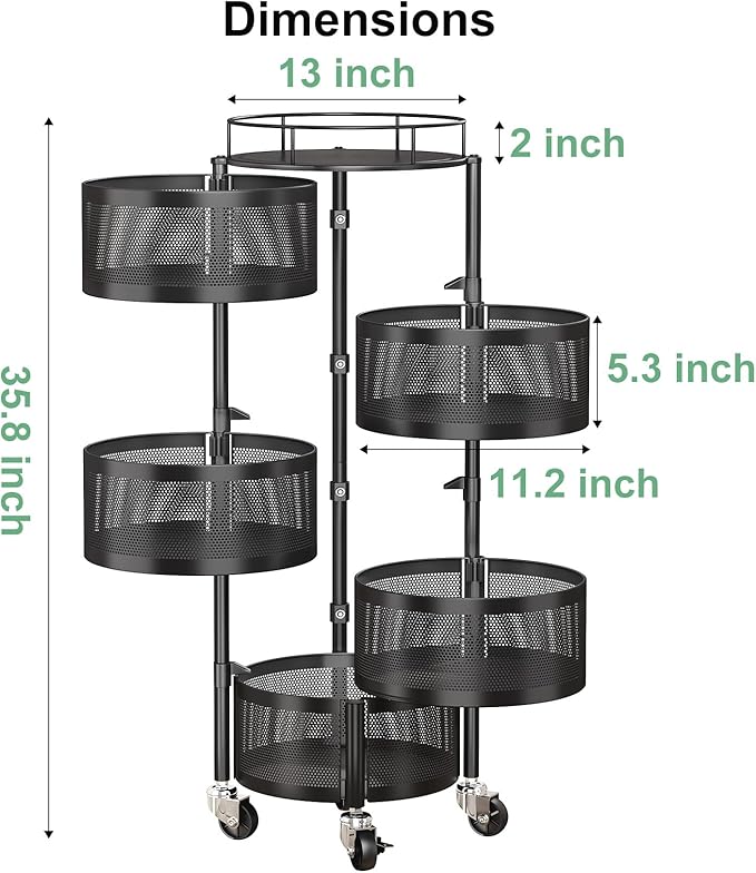 SAYZH Fruit Vegetable Basket for Kitchen, Rotating Storage Rack, 5 Tier Rolling - Image 4