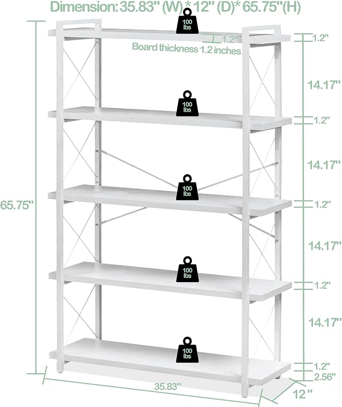 HCHQHS Bookshelf, 5-Tier Industrial Bookcase, Freestanding Tall Bookshelves - Image 3