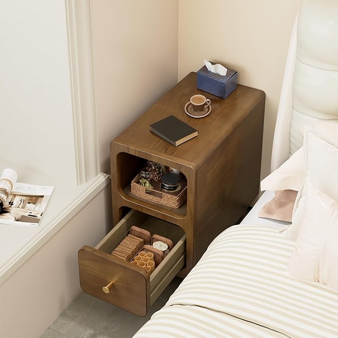 Small Narrow Nightstand with Drawers, Solid Wood Nightstand, Walnut Night Stand - Image 3