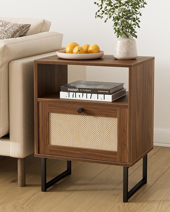 Rattan Nightstand, Mid Century Modern Night Stand, Boho Farmhouse Wood Bedside - Image 3