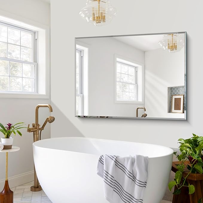 55x36 Large Beveled Mirror, Frameless Beveled Bathroom Mirrors - Image 5