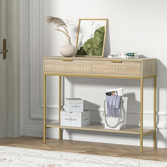 Anmytek Console Table with Storage, Wood Entryway Table with 2 Drawers - Image 8