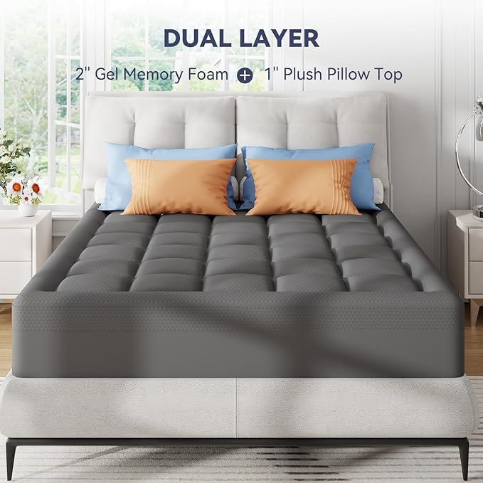 ELEMUSE Dual Layer 3 Inch Memory Foam Mattress Topper Full, 2 Inch Cooling Gel - Image 6