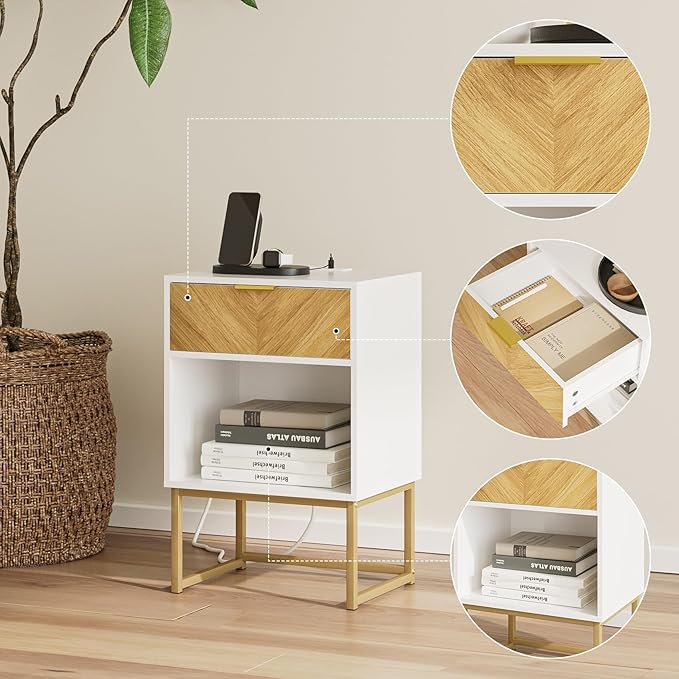 Masupu Nightstand with Charging Station, Modern Night Stand Boho Farmhouse Wood - Image 5