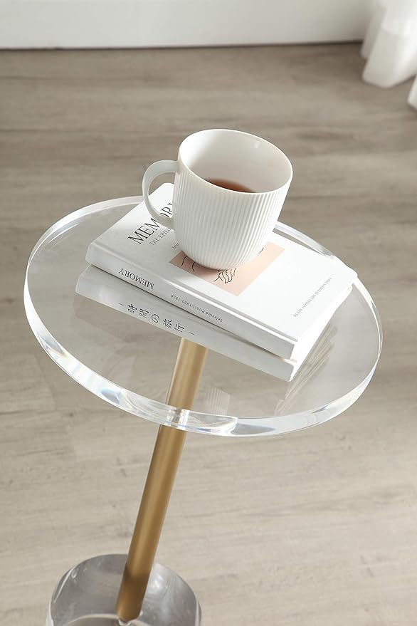 Clear Acrylic End Table, Side Table, Brushed Brass Metal, - Image 7