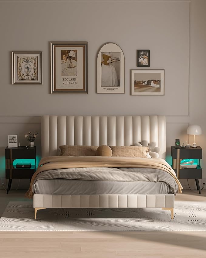 Black Nightstand with Charging Station and LED Lights, Modern Bedside Table - Image 7