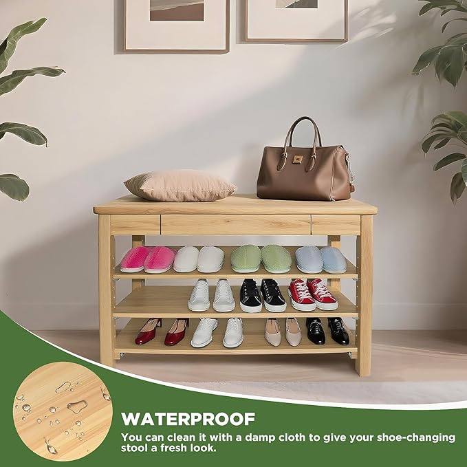 Wood Shoe Bench Entryway with Drawer: 3-Tiers Wooden Storage Shoe Rack with - Image 5