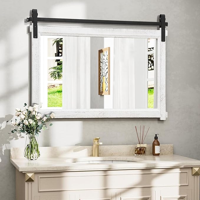 Bathroom Barn Door Mirror: 42"x28" White Farmhouse Wood Frame by Besdomus