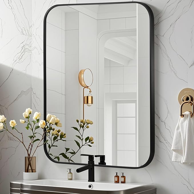Matte Black Mirror, Metal Frame Rectangle Corner Vanity Mirror, Wall Mounted by JENBELY
