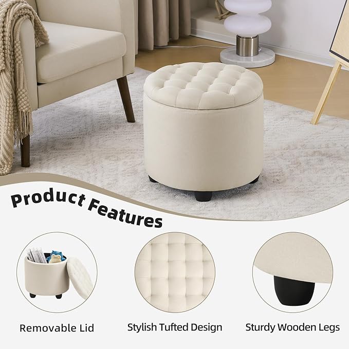 Furniliving Modern Round Storage Ottoman, Button Tufted Ottoman Foot Stools - Image 8