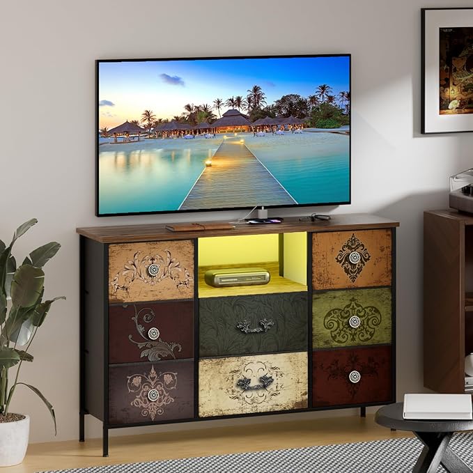 Pattern Dresser with LED Lights and Power Outlets, Dresser TV Stand with 8 by VASICAR