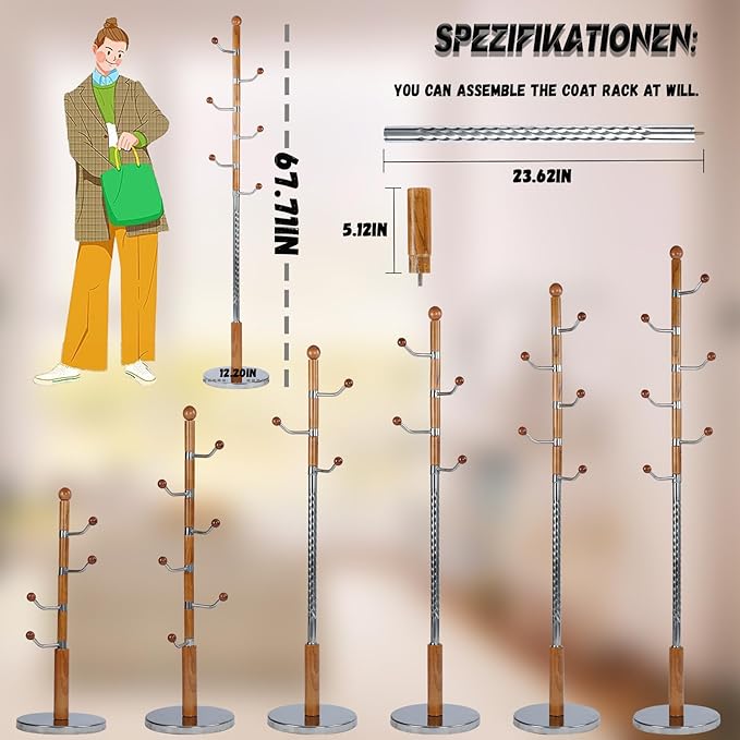 68 in Wood Coat Rack, Coat Rack Freestanding - Image 6