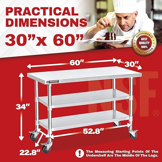 DuraSteel Stainless Steel Work Table 30" x 60" x 34" Height w/ 4 Caster Wheels - Image 2