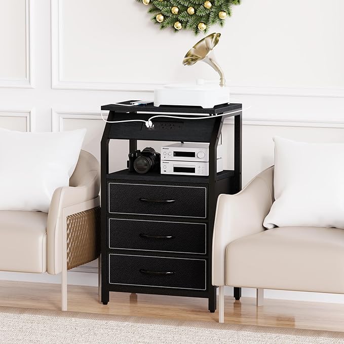End Table with 3 Drawers, Nightstand with Charging Station and LED Lights - Image 2