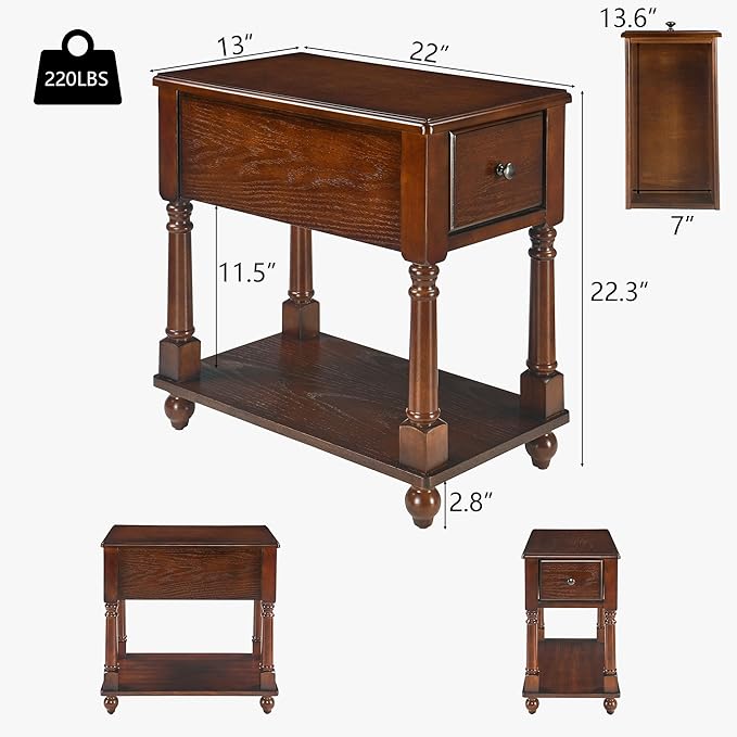 Narrow End Table with Drawer and Storage Shelf, Solid Wood Sofa Side Tables - Image 2
