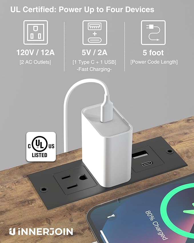 Innerjoin Side Table with Charging Station Set of 2, C Shaped End Table with - Image 9