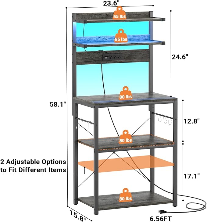 Aheaplus Bakers Rack with Power Outlet, Microwave Stand, 5 Tiers Coffee Bar - Image 7