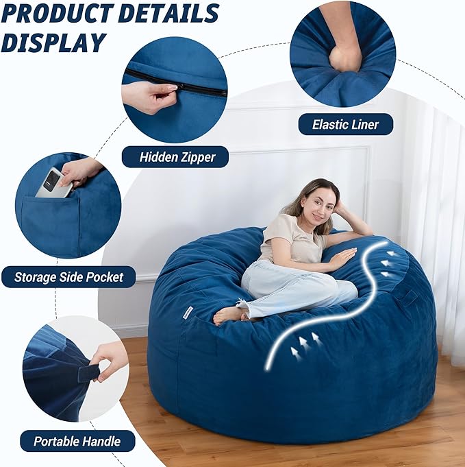 5FT Bean Bag Chair with Ultra Soft Velvet Cover Bean Bag Sofa with Memory Foam - Image 4
