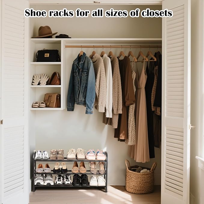 3-Tier Expandable Shoe Rack for Closet，Adjustable Shoe Rack，Black Metal Free - Image 2