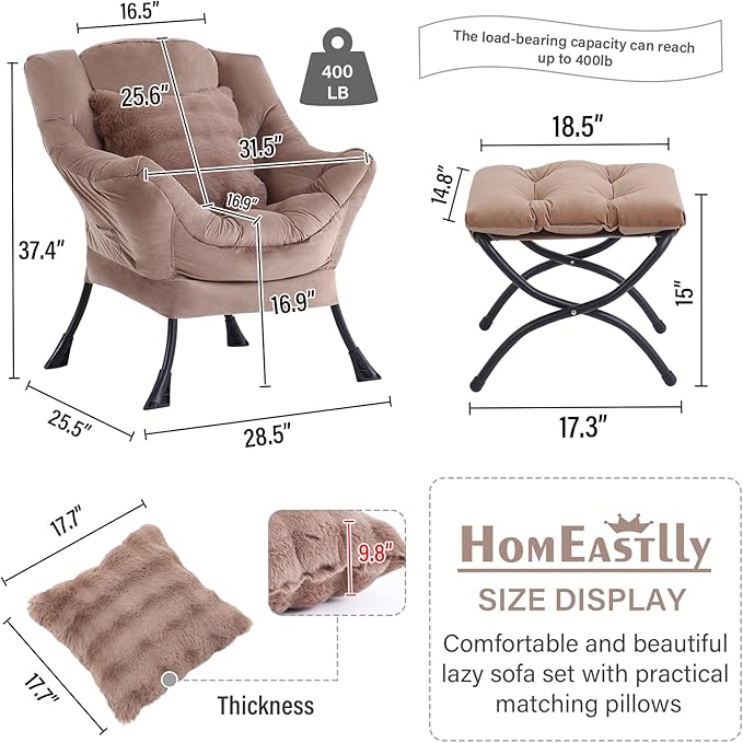 Large Lazy Chair with Ottoman, Accent Reading Chair with a Throw Pillow - Image 2