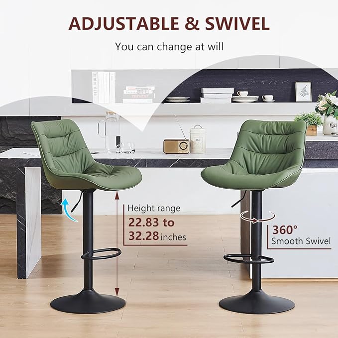 Kidol & Shellder Bar Stools Set of 2 Adjustable Swivel Green, PU Leather - Image 6