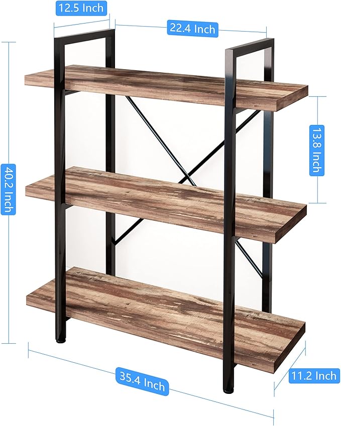 45MinST 3-Tier Vintage Industrial Style Bookcase/Metal and Wood Bookshelf - Image 2