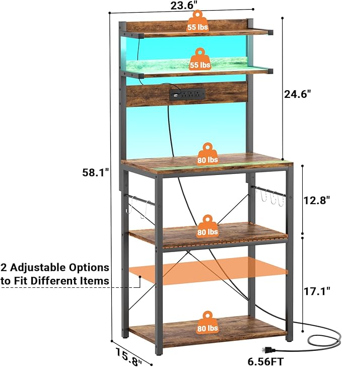 Aheaplus Bakers Rack with Power Outlet, Microwave Stand, 5 Tiers Coffee Bar - Image 8