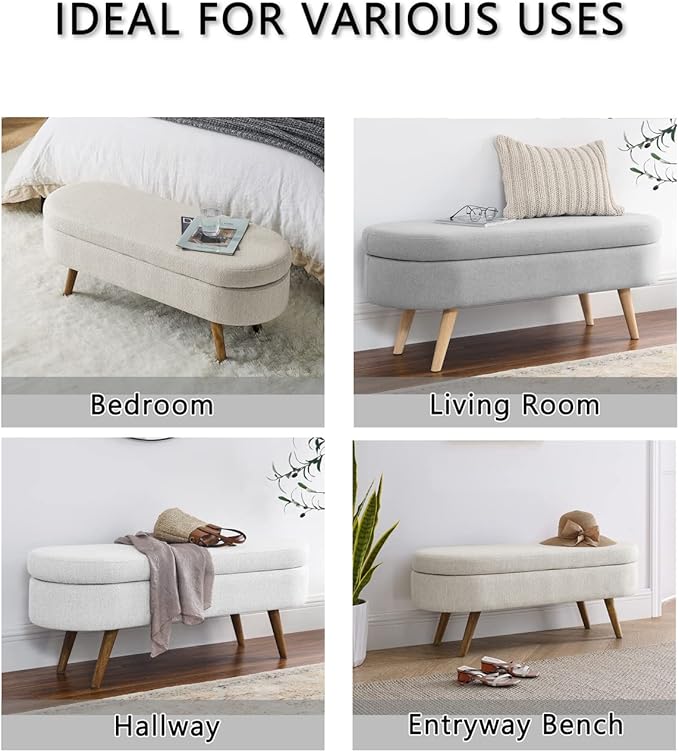 Oval Storage Bench 43.5" Linen Fabric Upholstered Entryway Bench - Image 8