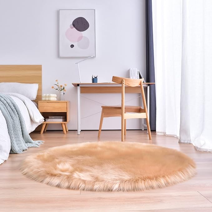 duduta Beige Faux Sheepskin Round Rug 4x4 ft, Fluffy Shag Fur Bedroom Nursery - Image 6