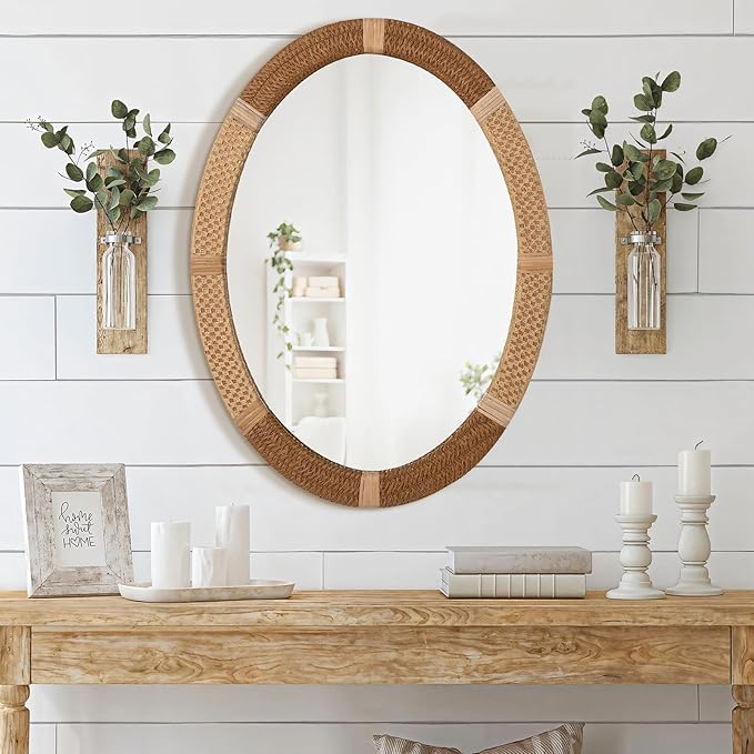 ULIKE Oval Rattan Wall Mirror, 22x30 Inch Rustic Farmhouse Wall Decor - Image 2
