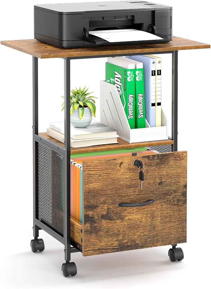 Small Filing Cabinet with Lock, Printer Stand with File Storage, Rolling - Image 8