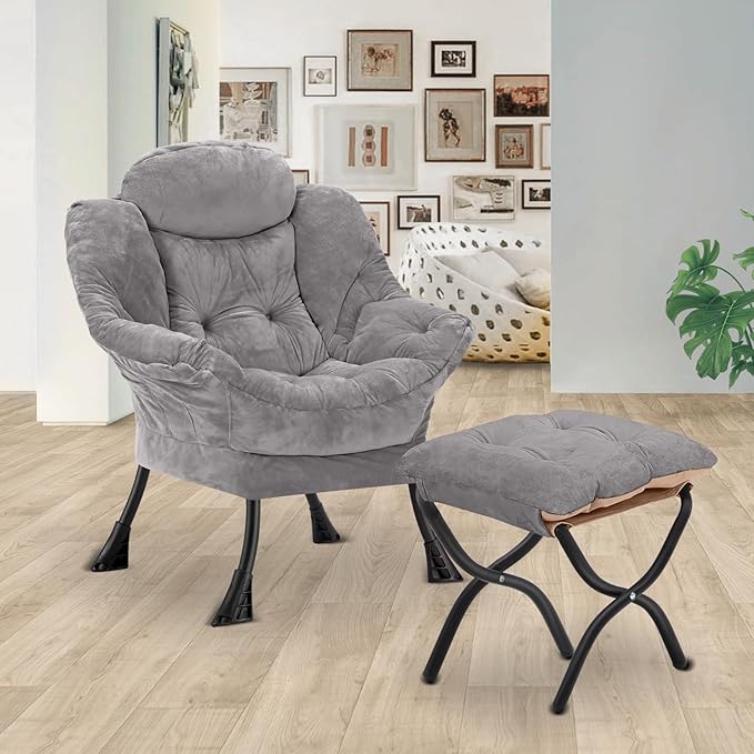 Lazy Chair with Folding Ottoman, Leisure Sofa Chair, Soft Fabric Armchair with - Image 2