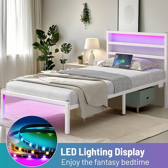 Twin Bed Frame with Headboard, Heavy Duty Steel Slats Support-LED Bed Frame - Image 7