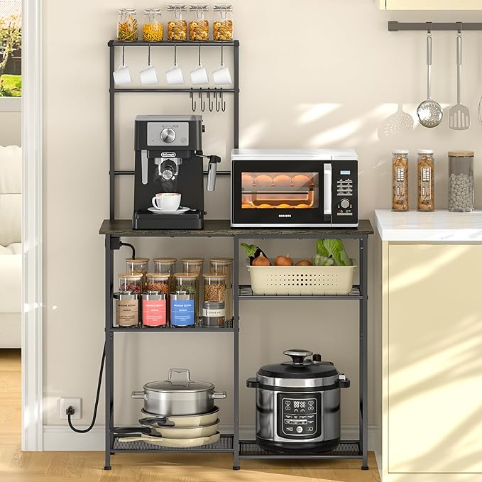 Bakers Rack with Power Outlet, Kitchen Microwave Stand with 10 S-shaped Hooks by 3IngSeagulls