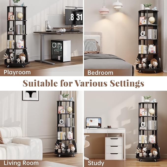 4 Tier Rotating Bookshelf with Brake Wheels, 360° Spinning Bookcase, Vertical - Image 7