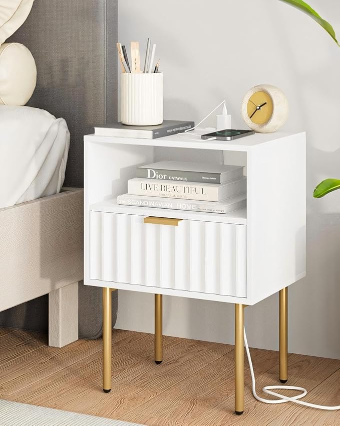 Masupu Nightstand with Charging Station, Mid-Century Modern Bedside Table with by Masupu