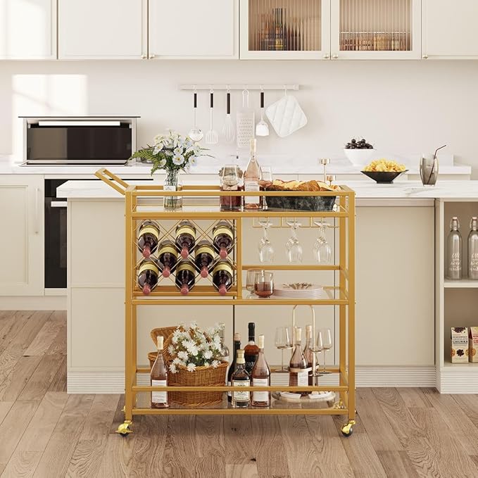FATORRI Bar Cart Gold, Home Bar Serving Cart - Image 2