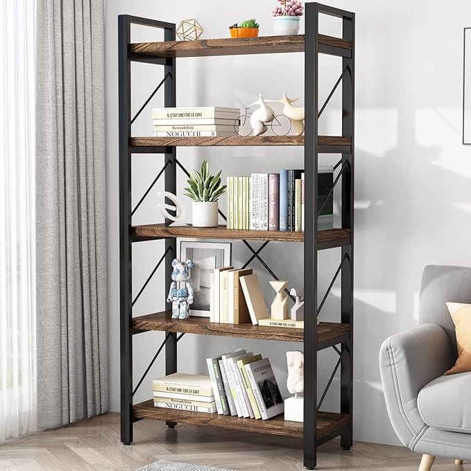5 Tier Bookshelf Rustic Solid Wood Industrial Style Bookcase, Metal and Real by LZ-DOGNMAN