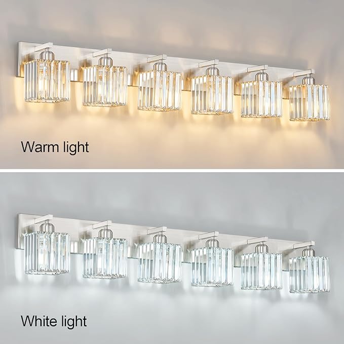 Modern Vanity Light 6-Lights Brushed Nickel Vanity Light Crystal Bathroom Wall - Image 4