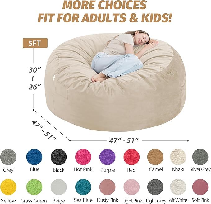 5FT Bean Bag Chair with Ultra Soft Velvet Cover Bean Bag Sofa with Memory Foam - Image 3