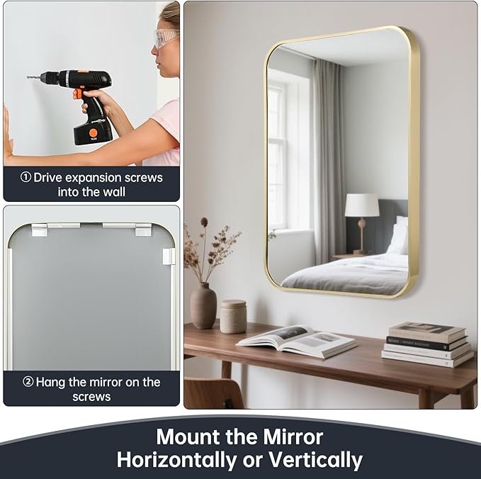 24x36 Inch Bathroom Mirror, Aluminum Alloy Framed Brushed Wall Mirror - Image 6
