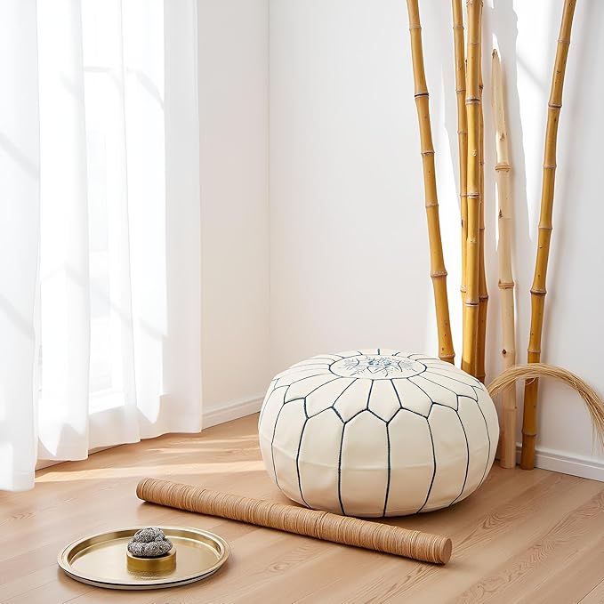 Stuffed Round Design Moroccan Leather Pouf Ottoman, Pre-Filled, 100% Genuine - Image 2