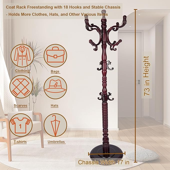 Coat Rack Freestanding with 18 Hooks, Wooden Standing Coat Racks - Image 4