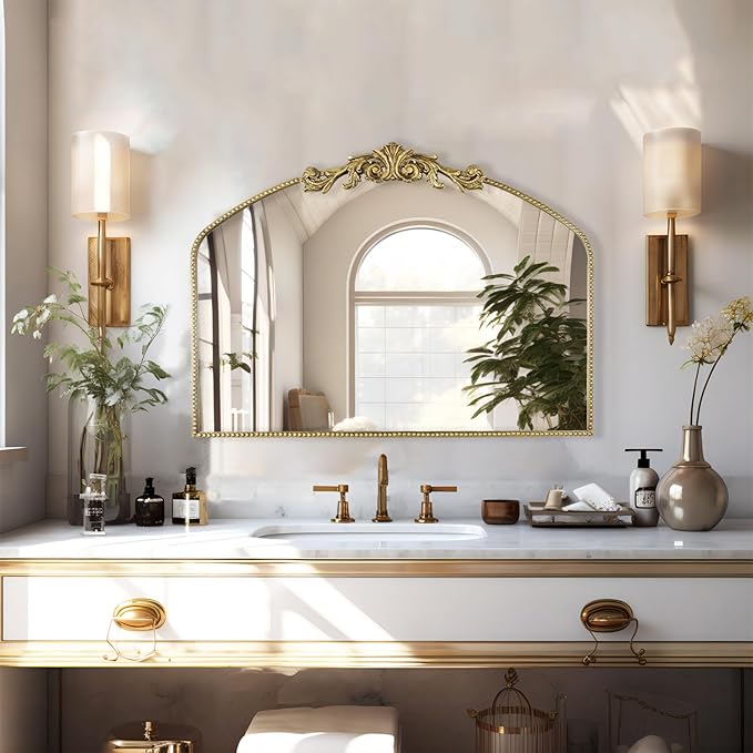 AIXI HOME Vintage Gold Arched Mirror 40"X31", Antique Baroque Mantel Wall Mirror - Image 5