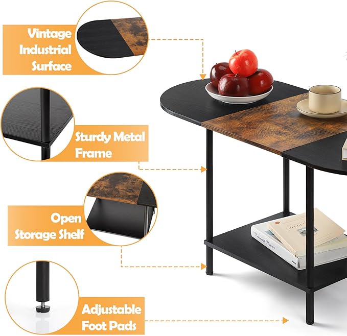 Coffee Tables for Living Room, 2-Tier Small Oval Center Table Industrial Modern - Image 6