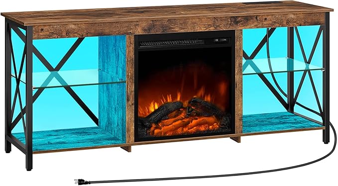 HOOBRO Fireplace TV Stand with Charging Station and LED Lights, TV Stand with - Image 8