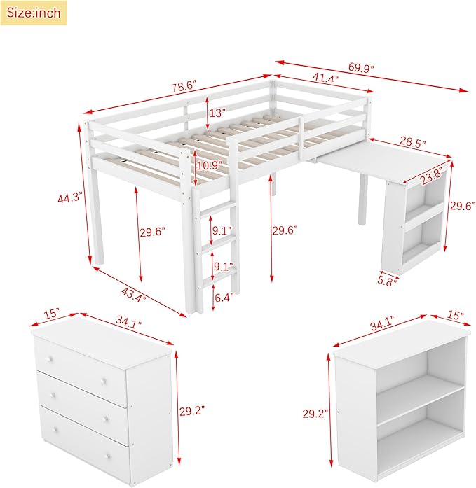 KEIKI Twin Loft Bed with Pull-Out Desk, Drawers & Open Shelves, Wooden Bed - Image 2