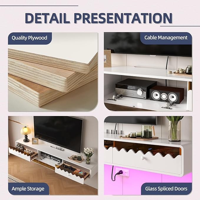 Floating TV Stand, 55IN Fully-Assembled Wall Mounted Wave Glass - Image 5