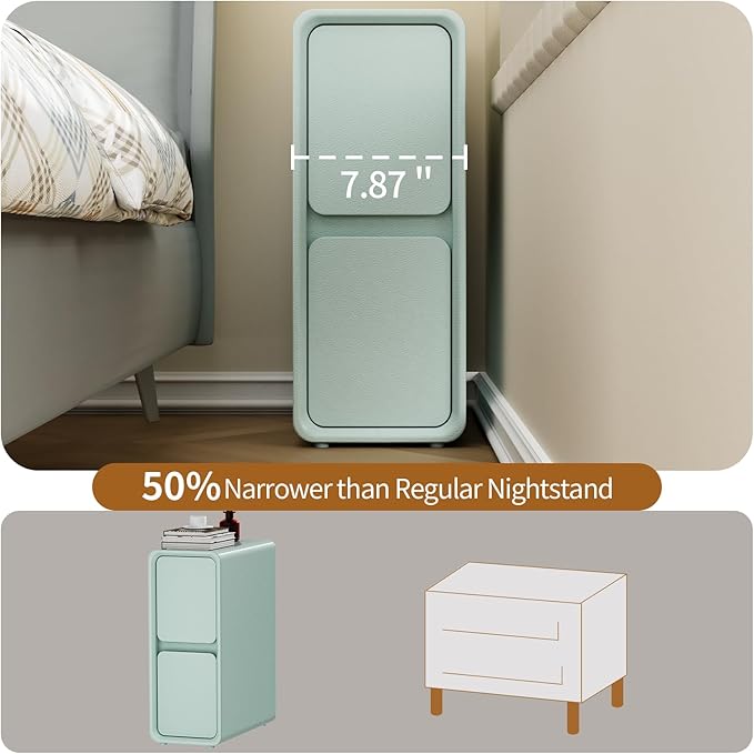 VICITON Modern Narrow Faux Leather Nightstand, Solid Wood Drawer, Storage - Image 9